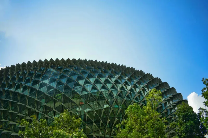 The Esplanade's spiked aluminium shading shells over triangulated glass, treetops below and clear blue sky above.
