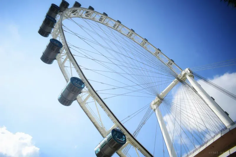 The Singapore Flyer from below, passenger capsules along its rim and spoke cables fanning to the hub.