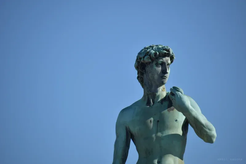 A weathered bronze cast of Michelangelo's David from the chest up, verdigris green against clear blue sky.