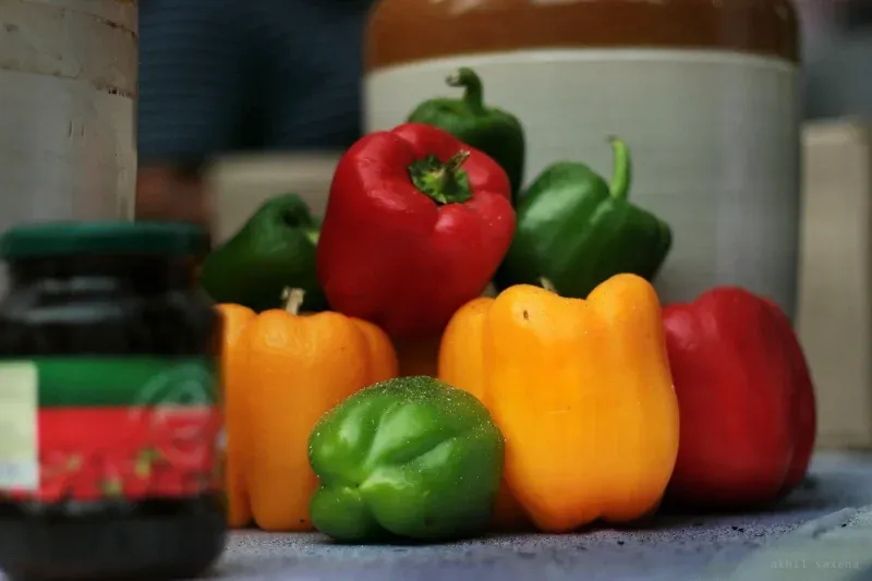 Red, orange, yellow and green bell peppers clustered on a counter, jars soft-focused behind.
